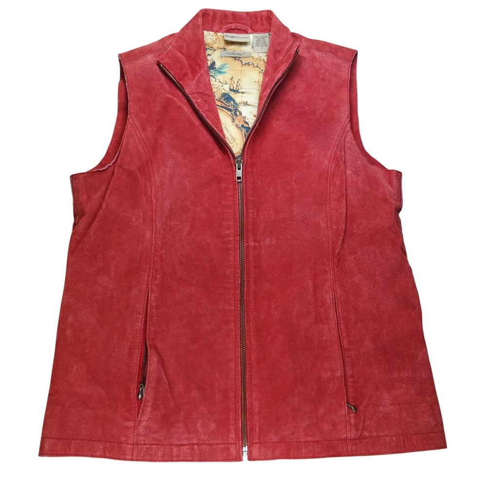 Vintage Ruff Hewn Womens Red Genuine Leather Suede Zip Up Vest Map Print Small